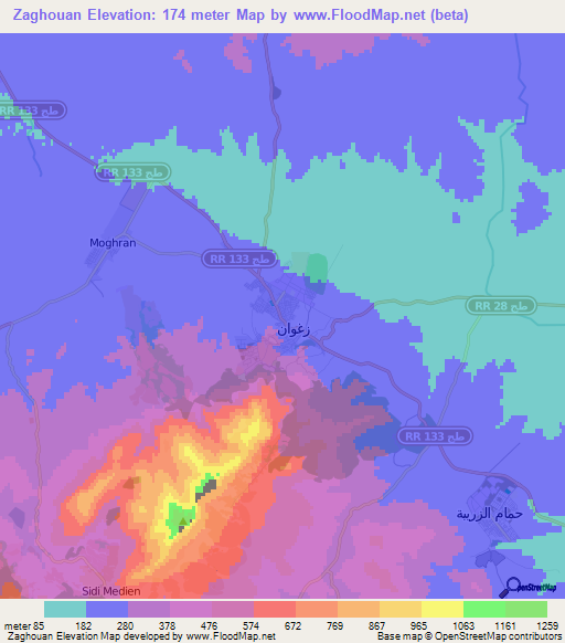 Zaghouan,Tunisia Elevation Map