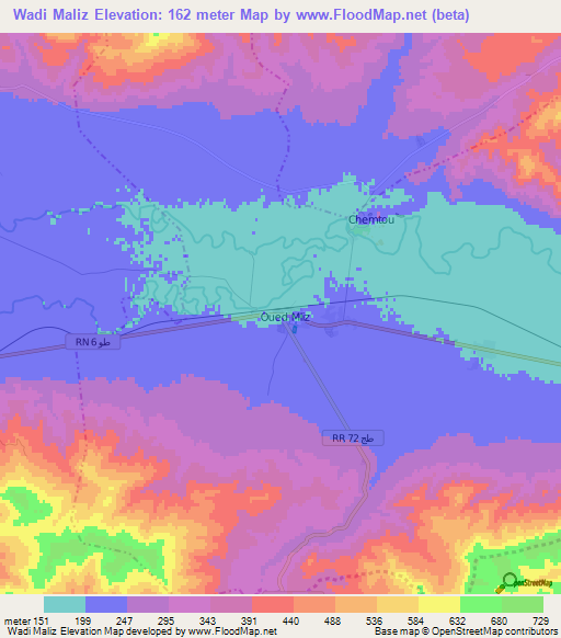 Wadi Maliz,Tunisia Elevation Map