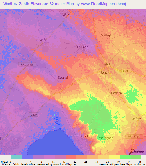 Wadi az Zabib,Tunisia Elevation Map