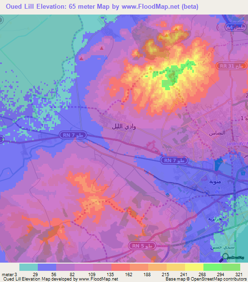 Oued Lill,Tunisia Elevation Map