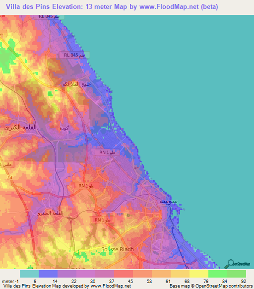 Villa des Pins,Tunisia Elevation Map