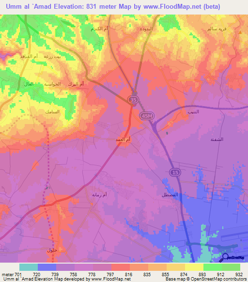 Umm al `Amad,Jordan Elevation Map