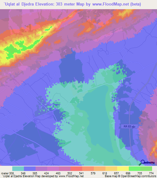 `Uqlat al Djedra,Tunisia Elevation Map