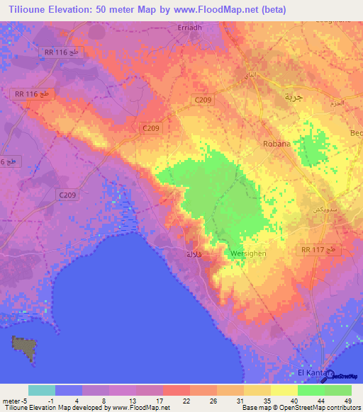 Tilioune,Tunisia Elevation Map