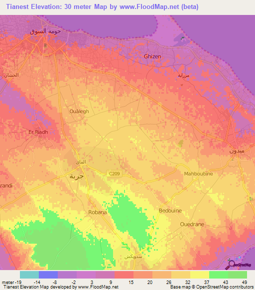 Tianest,Tunisia Elevation Map