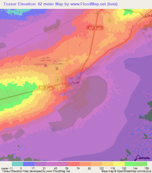 Tozeur,Tunisia Elevation Map