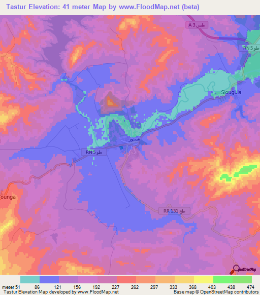 Tastur,Tunisia Elevation Map