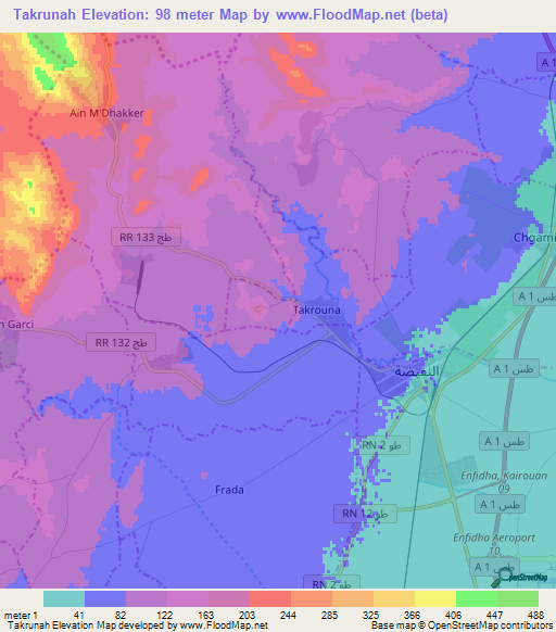Takrunah,Tunisia Elevation Map