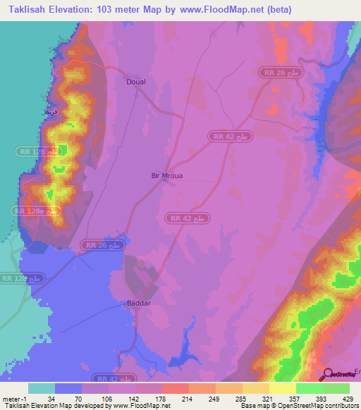 Taklisah,Tunisia Elevation Map