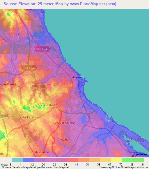 Sousse,Tunisia Elevation Map