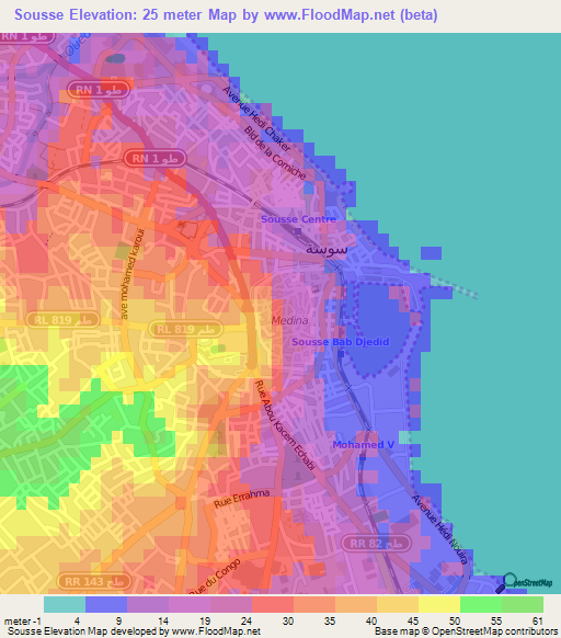 Sousse,Tunisia Elevation Map