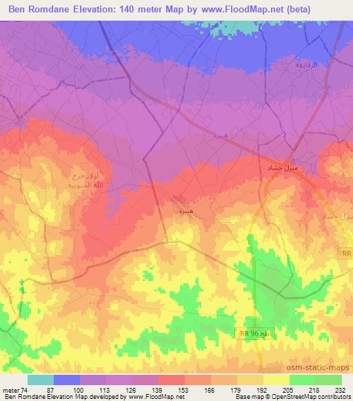 Ben Romdane,Tunisia Elevation Map