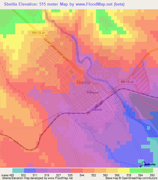 Sbeitla,Tunisia Elevation Map