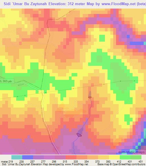 Sidi `Umar Bu Zaytunah,Tunisia Elevation Map