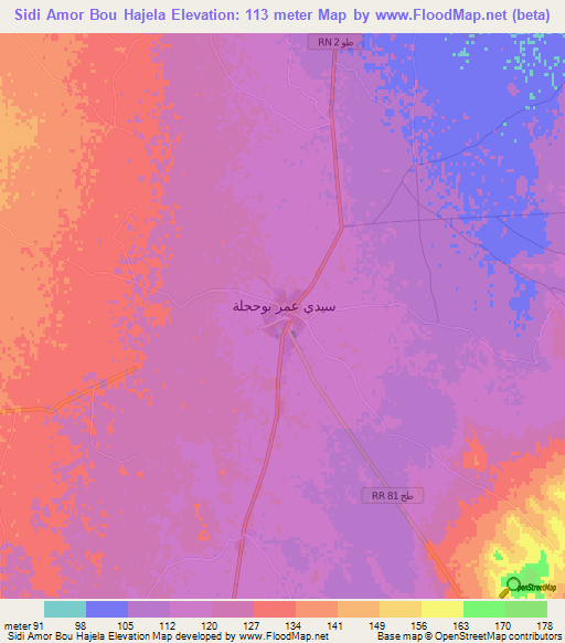 Sidi Amor Bou Hajela,Tunisia Elevation Map