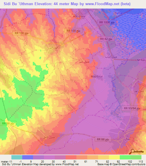 Sidi Bu `Uthman,Tunisia Elevation Map