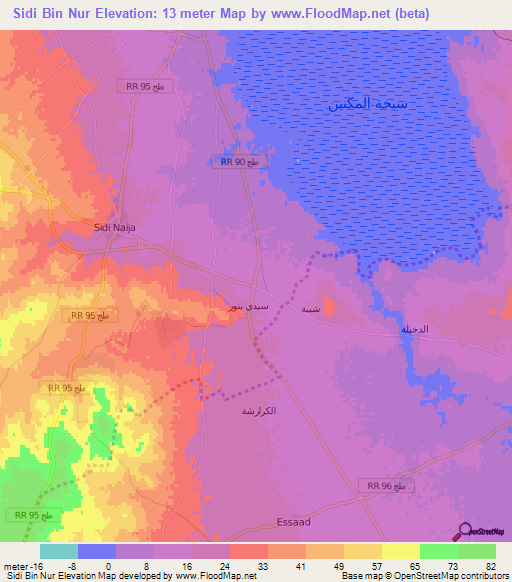Sidi Bin Nur,Tunisia Elevation Map