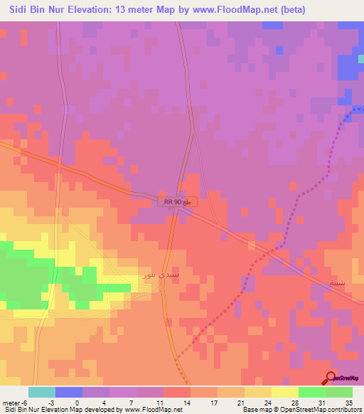 Sidi Bin Nur,Tunisia Elevation Map