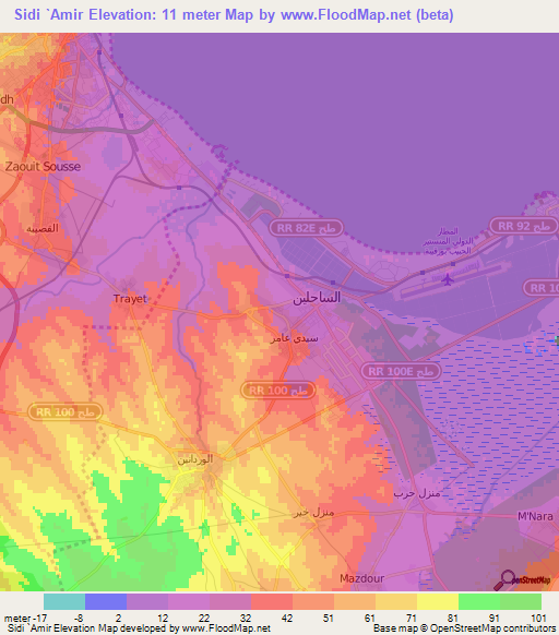 Sidi `Amir,Tunisia Elevation Map