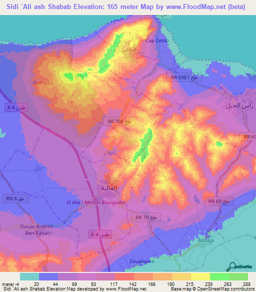 Sidi `Ali ash Shabab,Tunisia Elevation Map