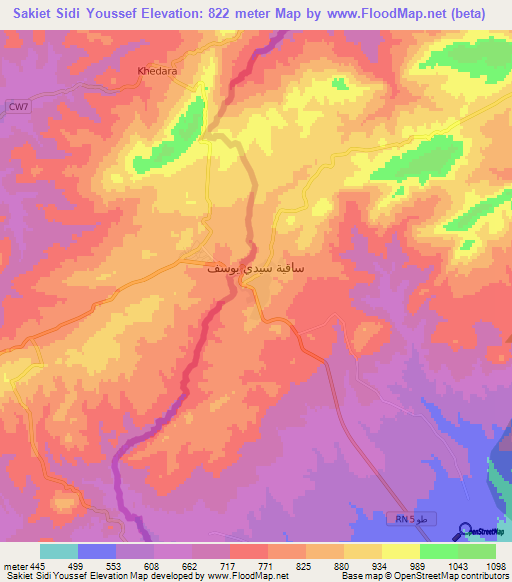 Sakiet Sidi Youssef,Tunisia Elevation Map