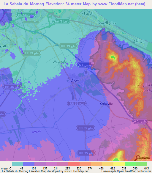 La Sebala du Mornag,Tunisia Elevation Map