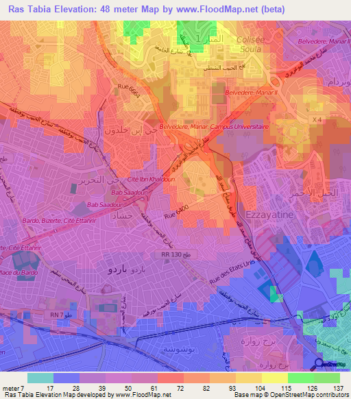 Ras Tabia,Tunisia Elevation Map