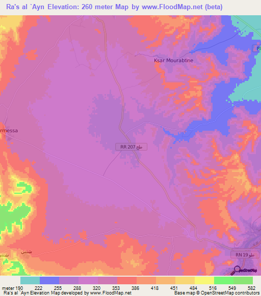 Ra's al `Ayn,Tunisia Elevation Map