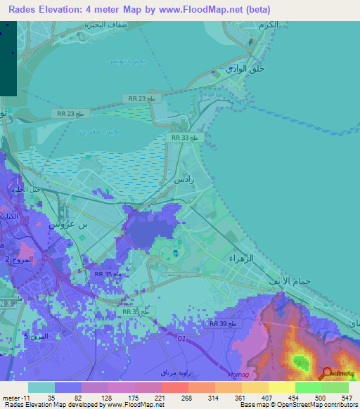 Rades,Tunisia Elevation Map