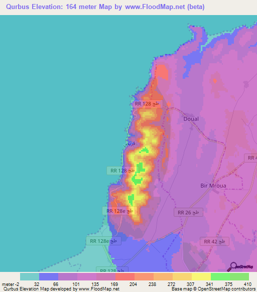 Qurbus,Tunisia Elevation Map