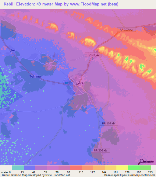 Kebili,Tunisia Elevation Map