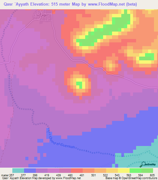Qasr `Ayyath,Tunisia Elevation Map