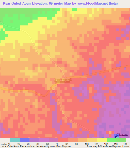 Ksar Ouled Aoun,Tunisia Elevation Map