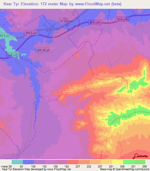 Ksar Tyr,Tunisia Elevation Map