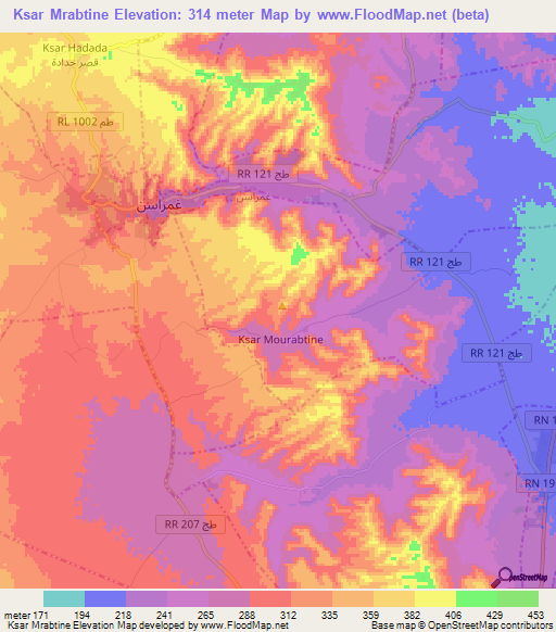 Ksar Mrabtine,Tunisia Elevation Map