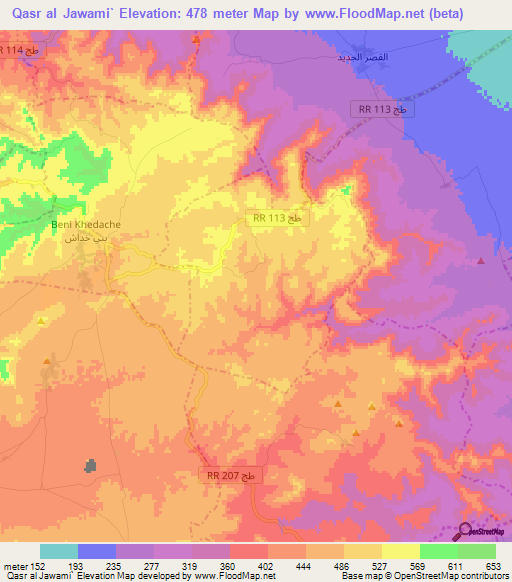 Qasr al Jawami`,Tunisia Elevation Map