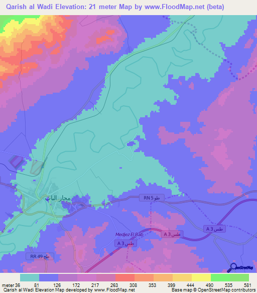 Qarish al Wadi,Tunisia Elevation Map