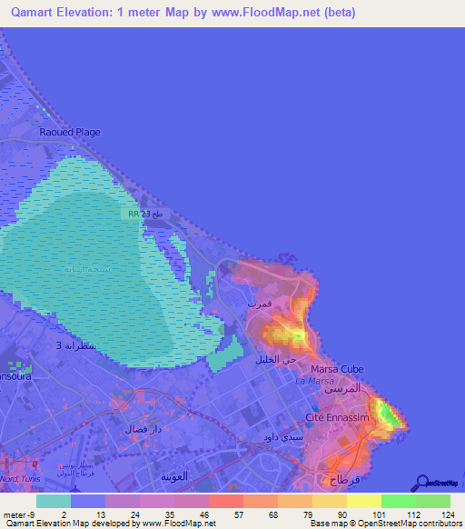 Qamart,Tunisia Elevation Map
