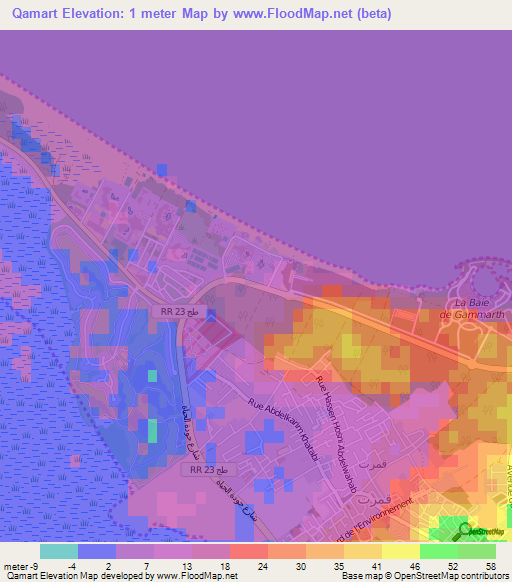 Qamart,Tunisia Elevation Map