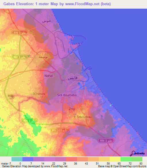 Gabes,Tunisia Elevation Map