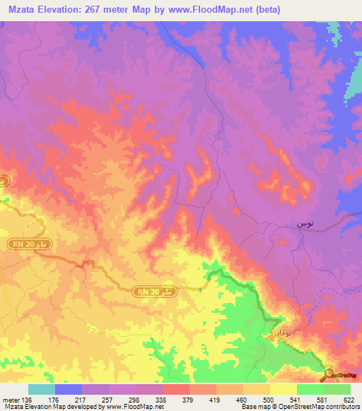 Mzata,Tunisia Elevation Map