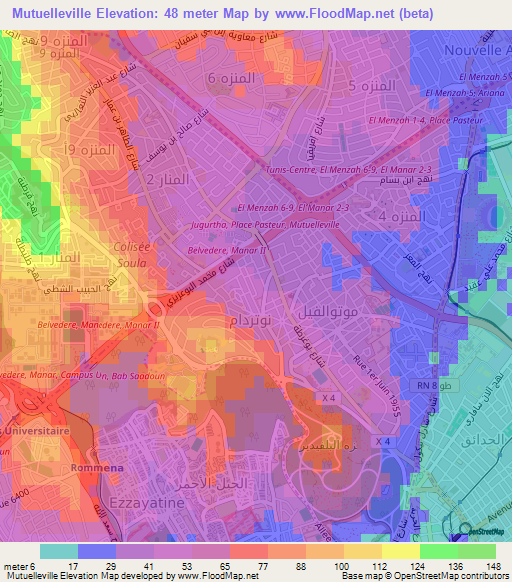 Mutuelleville,Tunisia Elevation Map