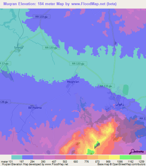 Muqran,Tunisia Elevation Map