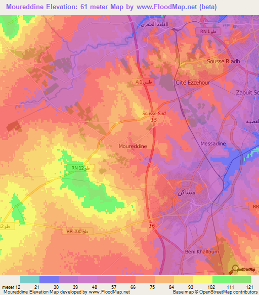 Moureddine,Tunisia Elevation Map