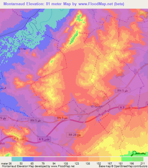Montarnaud,Tunisia Elevation Map