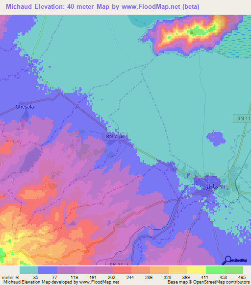 Michaud,Tunisia Elevation Map