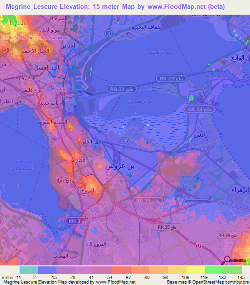 Megrine Lescure,Tunisia Elevation Map