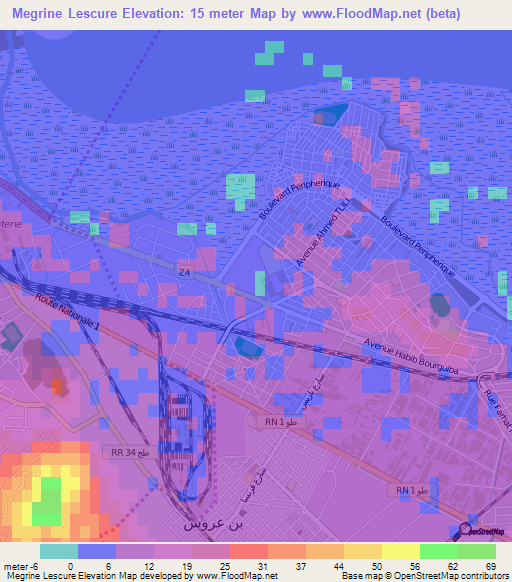 Megrine Lescure,Tunisia Elevation Map