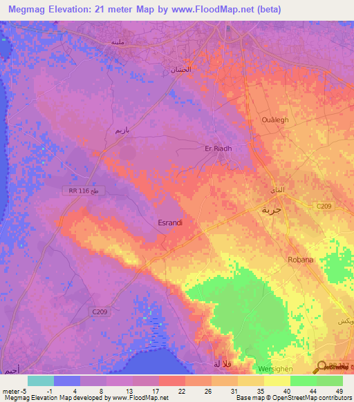 Megmag,Tunisia Elevation Map