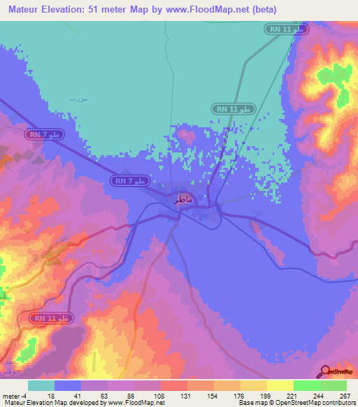 Mateur,Tunisia Elevation Map